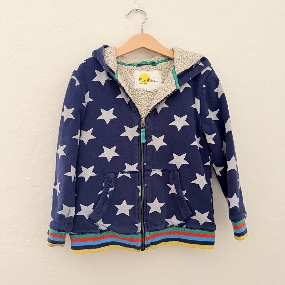 Mini Boden Kids 6-7Y Sherpa Lined Hoodie Star Print Full Zip Jacket Blue
